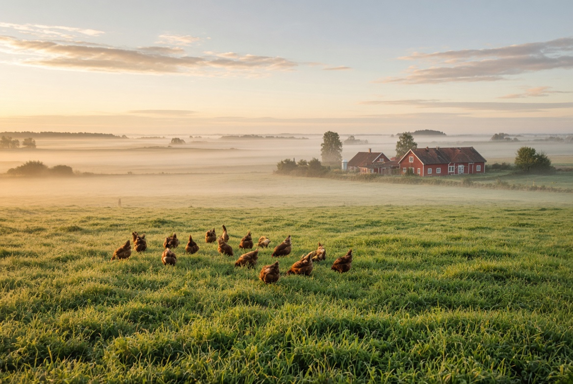 Dimmig morgon över uppländsk slätt med röda gårdshus och hönor i gräset