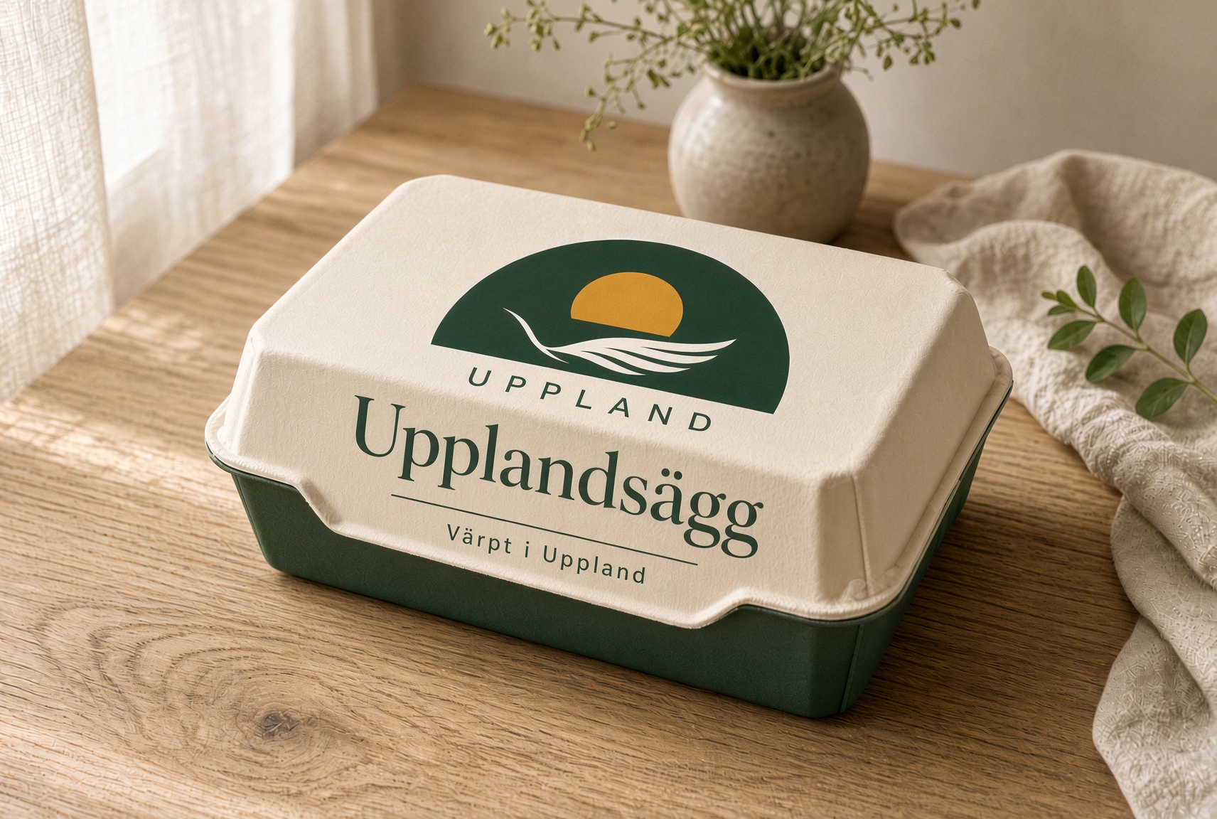 Gräddvit äggkartong med grönt lock, märket Uppland och texten Upplandsägg — Värpt i Uppland, på ett ljust träbord